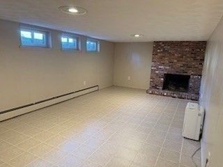Empty room, Fireplace, Interior, Recessed Lighting, Stone Walls