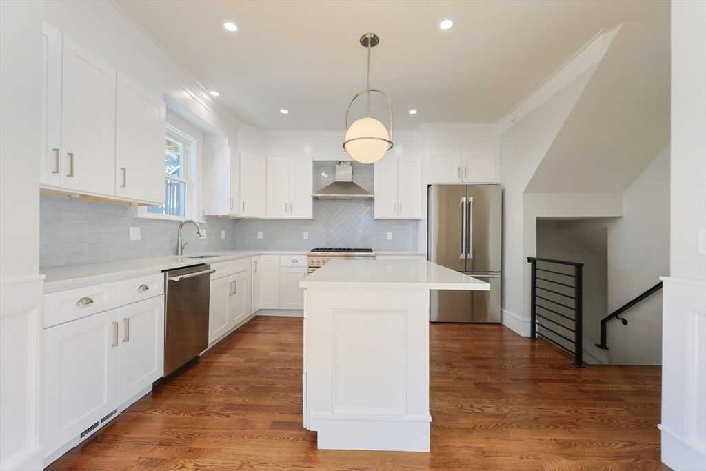 Interior, Kitchen, Pendant Lights, Recessed Lighting, Stainless Steel Appliances, Wood Texture Flooring