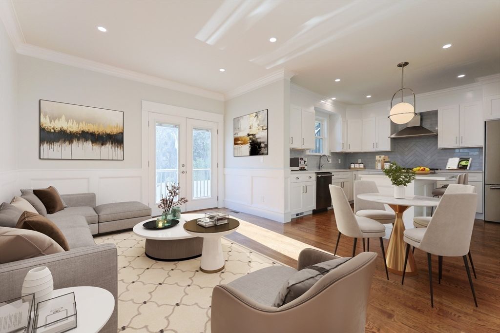 Dining room, Interior, Kitchen, Living room, Pendant Lights, Recessed Lighting, Wood Texture Flooring