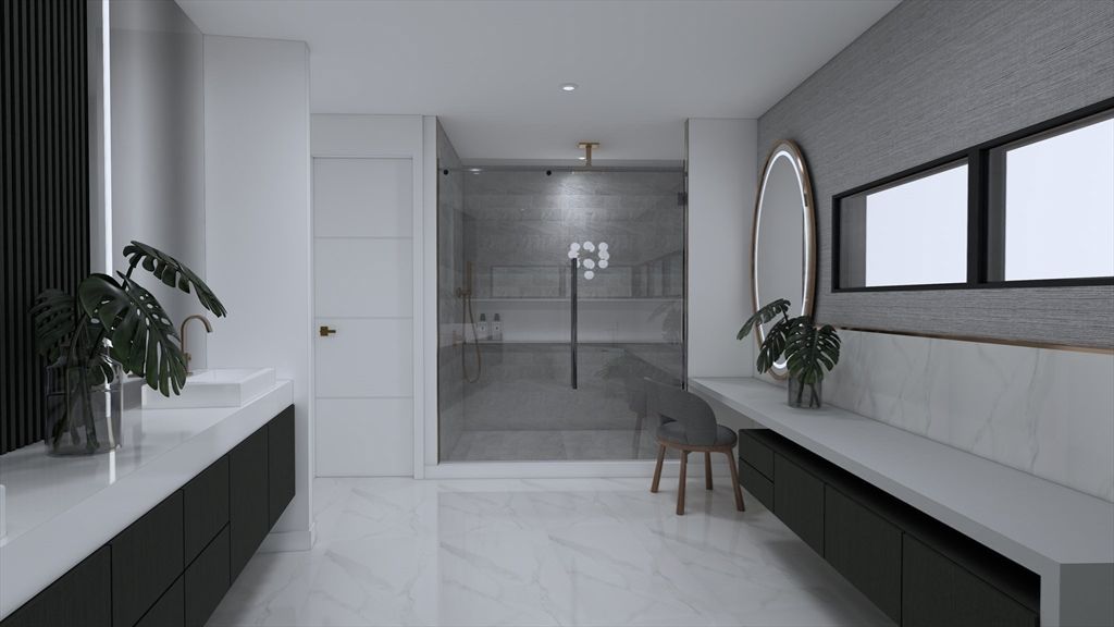 Bathroom, Glass Shower, Interior, Marble, Recessed Lighting
