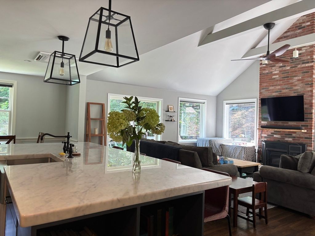 Fireplace, Interior, Kitchen, Living room, Pendant Lights, Stone Walls, Wood Texture Flooring