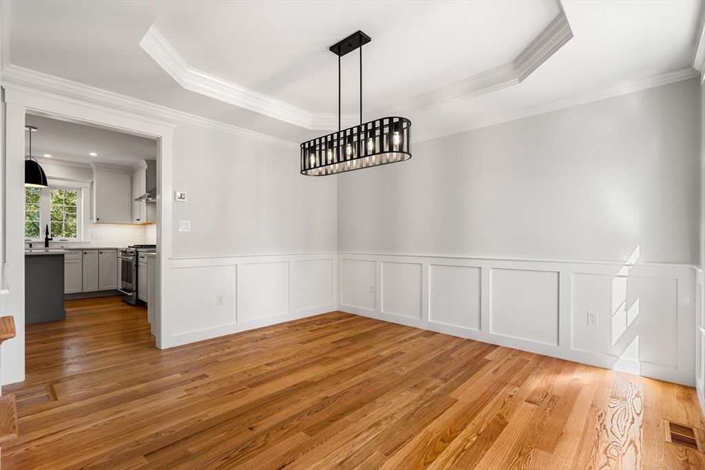 Empty room, Interior, Kitchen, Pendant Lights, Recessed Lighting, Wood Texture Flooring