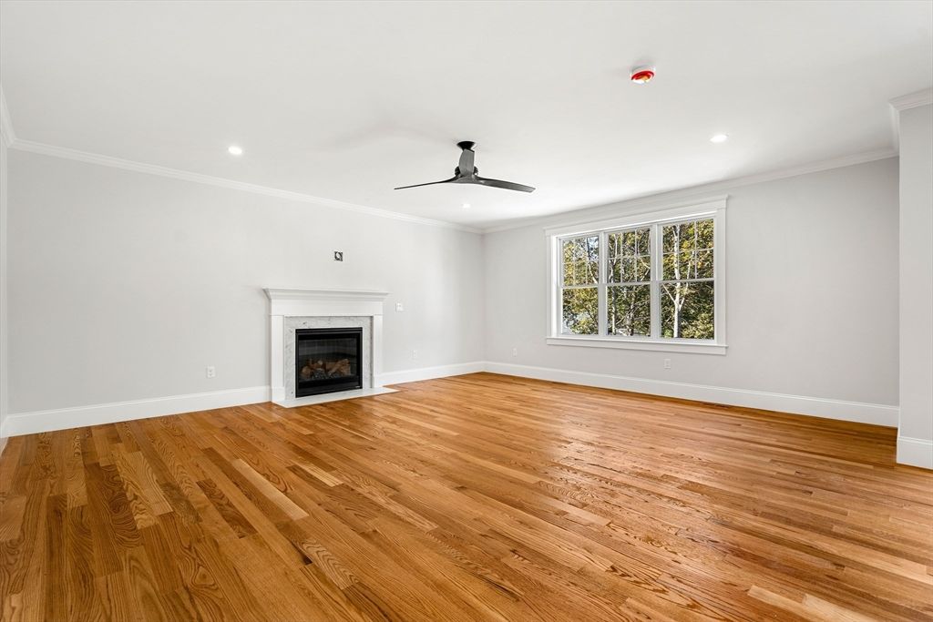 Empty room, Fireplace, Interior, Recessed Lighting, Wood Texture Flooring