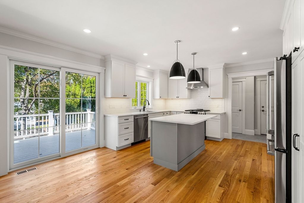 Interior, Kitchen, Pendant Lights, Recessed Lighting, Stainless Steel Appliances, Wood Texture Flooring