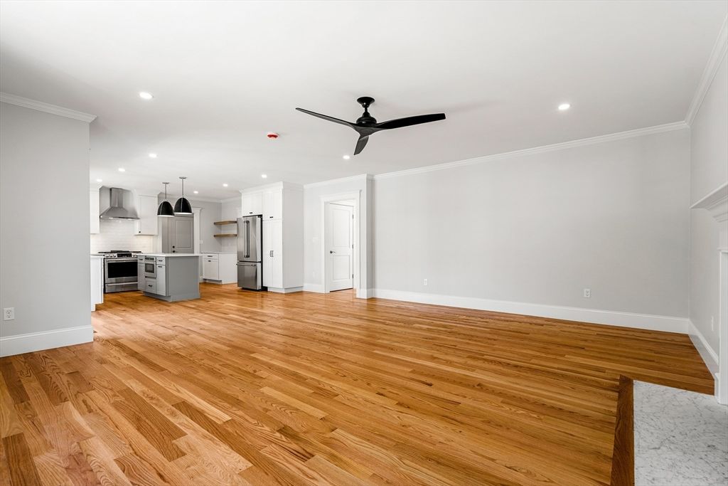 Empty room, Interior, Kitchen, Recessed Lighting, Wood Texture Flooring