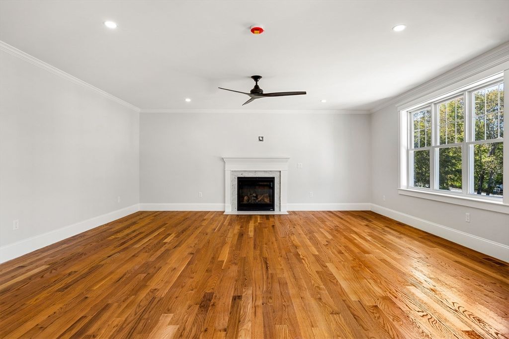 Empty room, Fireplace, Interior, Recessed Lighting, Wood Texture Flooring