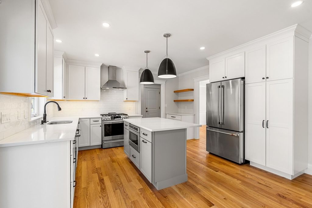Interior, Kitchen, Pendant Lights, Recessed Lighting, Stainless Steel Appliances, Wood Texture Flooring