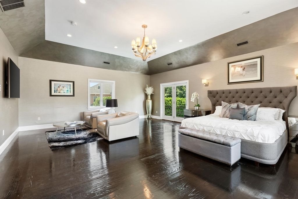 Bedroom, Chandelier, Interior, Recessed Lighting, Wood Texture Flooring