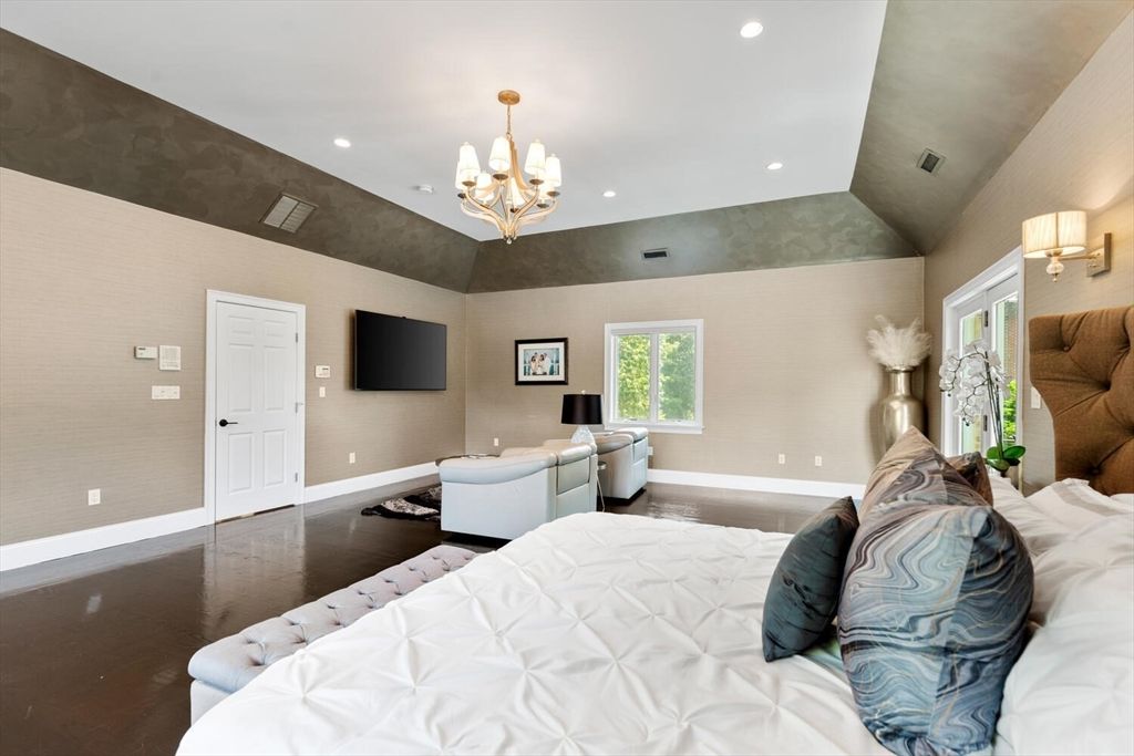 Bedroom, Chandelier, Interior, Recessed Lighting, Wood Texture Flooring
