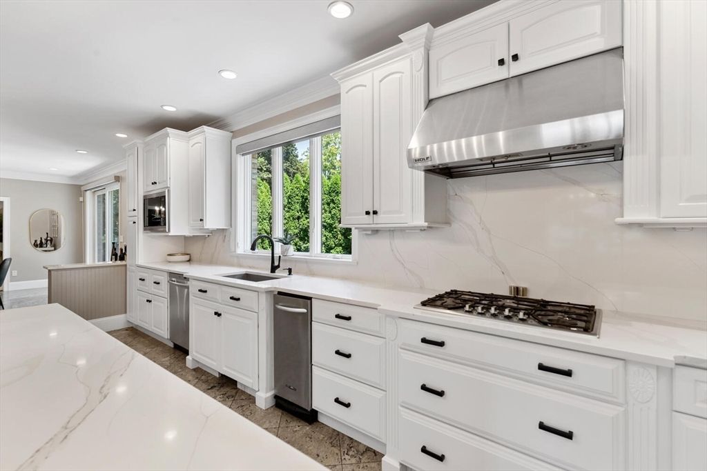 Interior, Kitchen, Marble Walls, Recessed Lighting, Stainless Steel Appliances