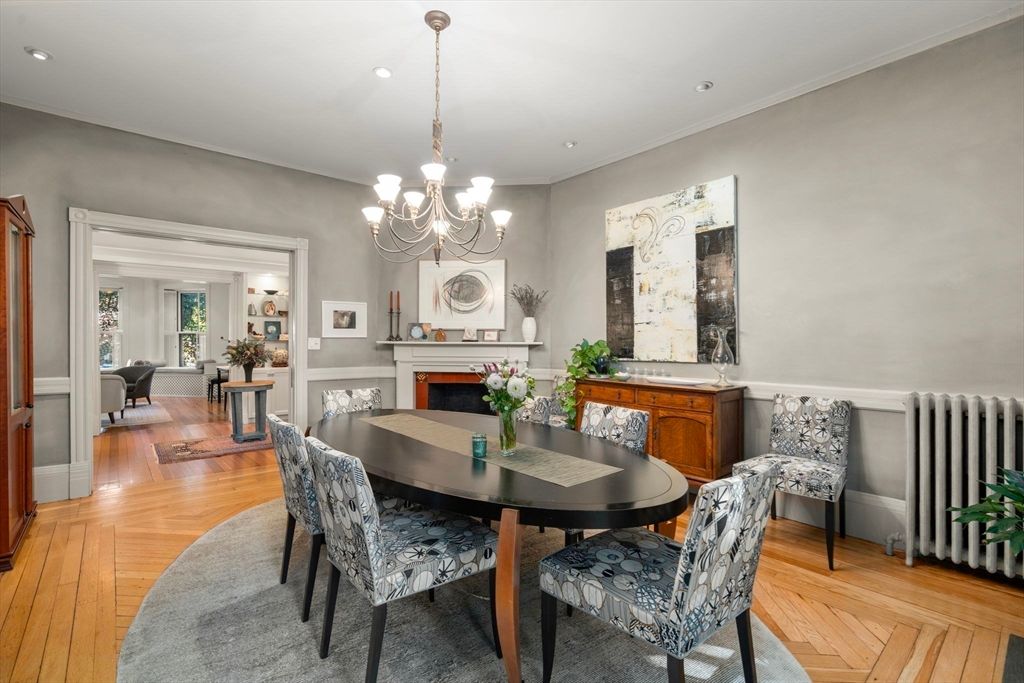 Chandelier, Dining room, Fireplace, Interior, Recessed Lighting, Wood Texture Flooring