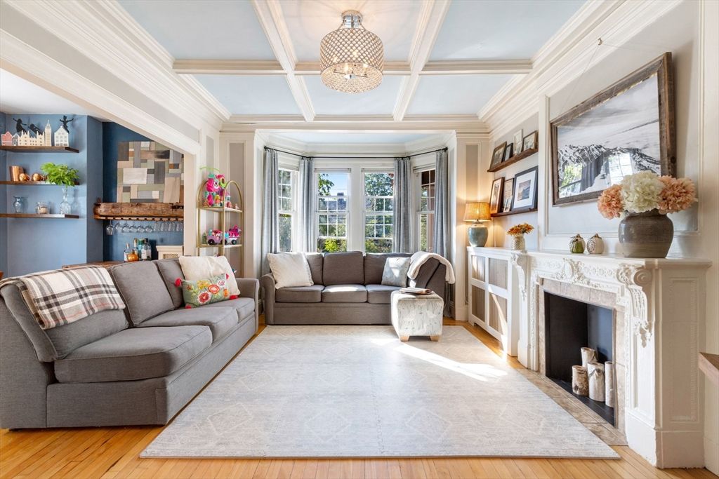 Fireplace, Interior, Living room, Pendant Lights, Wood Texture Flooring