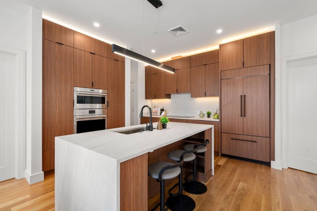 Interior, Kitchen, Pendant Lights, Recessed Lighting, Stainless Steel Appliances, Wood Texture Flooring