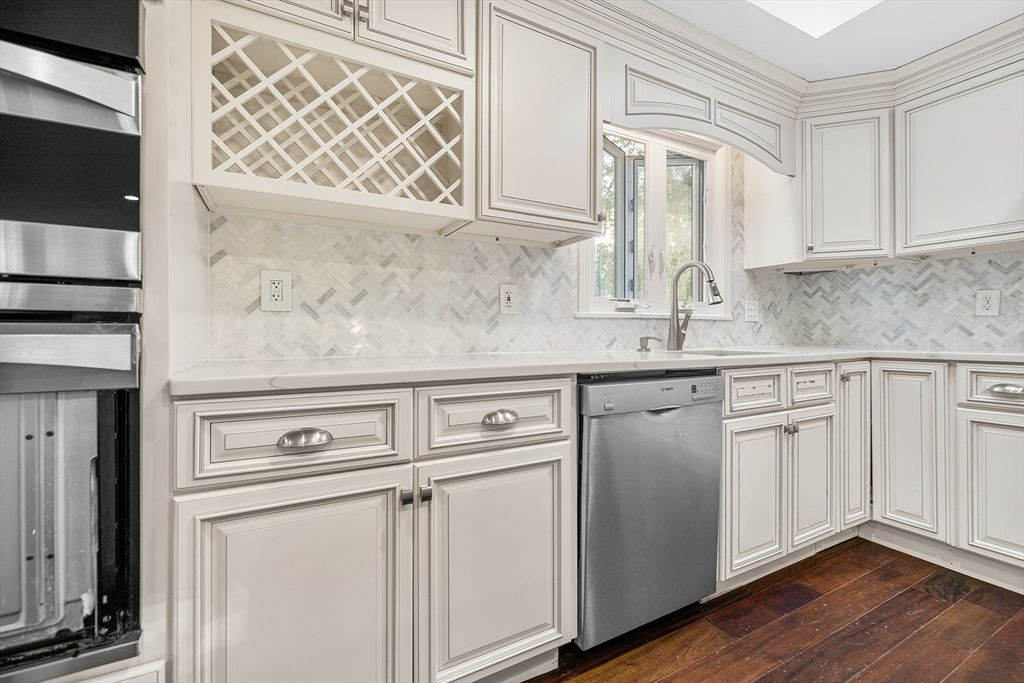 Interior, Kitchen, Marble Walls, Stainless Steel Appliances, Wood Texture Flooring