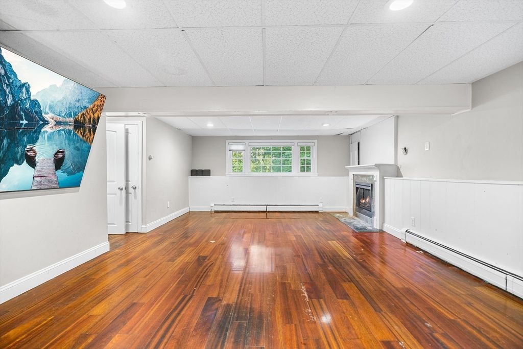 Empty room, Fireplace, Interior, Recessed Lighting, Wood Texture Flooring