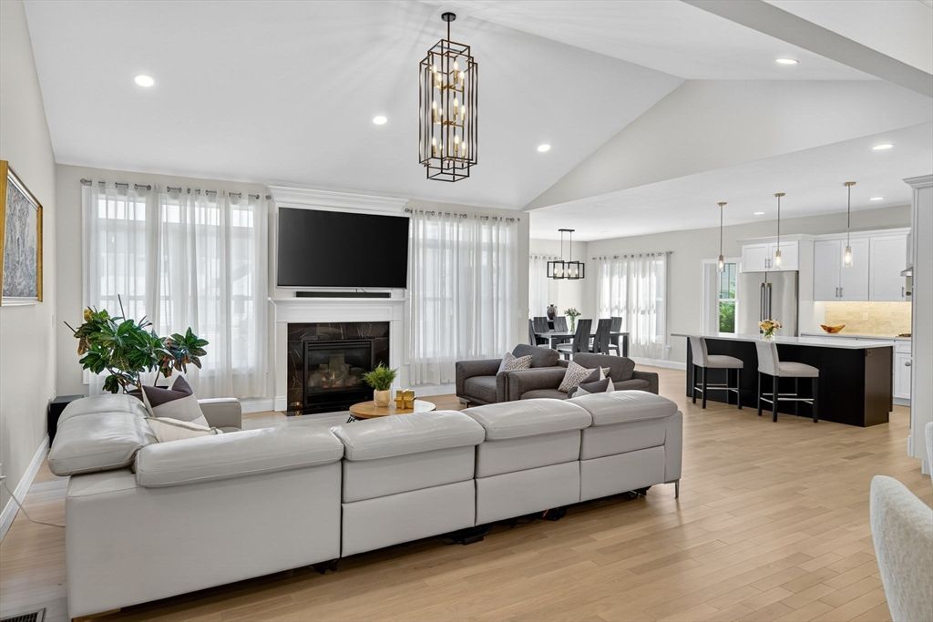 Dining room, Fireplace, Interior, Kitchen, Living room, Pendant Lights, Recessed Lighting, Wood Texture Flooring