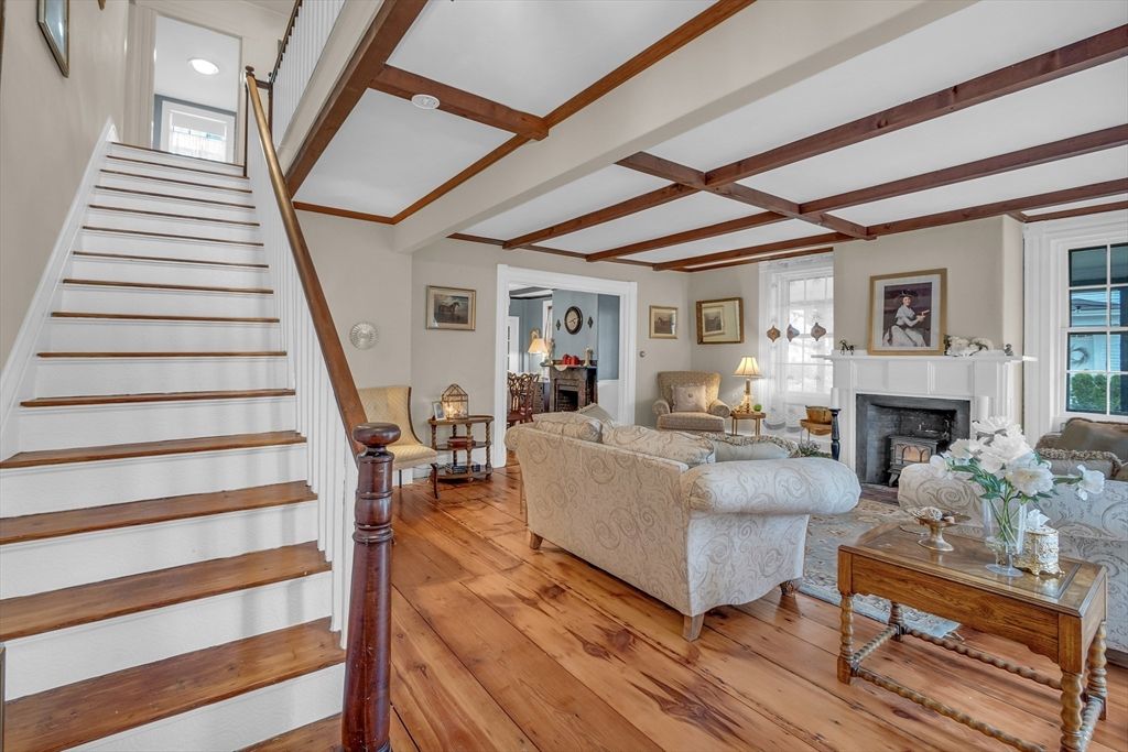 Fireplace, Interior, Living room, Recessed Lighting, Wooden Beams, Wood Texture Flooring