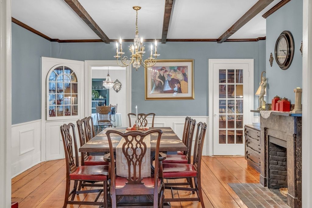 Chandelier, Dining room, Fireplace, Interior, Wooden Beams, Wood Texture Flooring