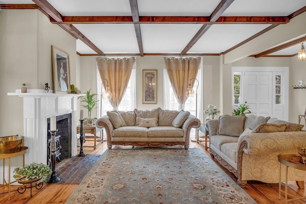 Fireplace, Interior, Living room, Wooden Beams, Wood Texture Flooring