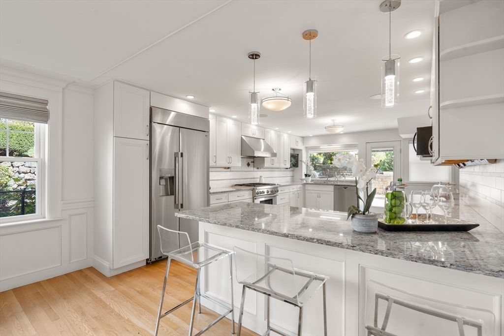 Interior, Kitchen, Pendant Lights, Recessed Lighting, Stainless Steel Appliances, Wood Texture Flooring