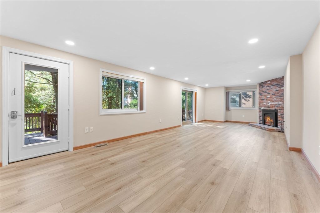 Empty room, Fireplace, Interior, Recessed Lighting, Wood Texture Flooring