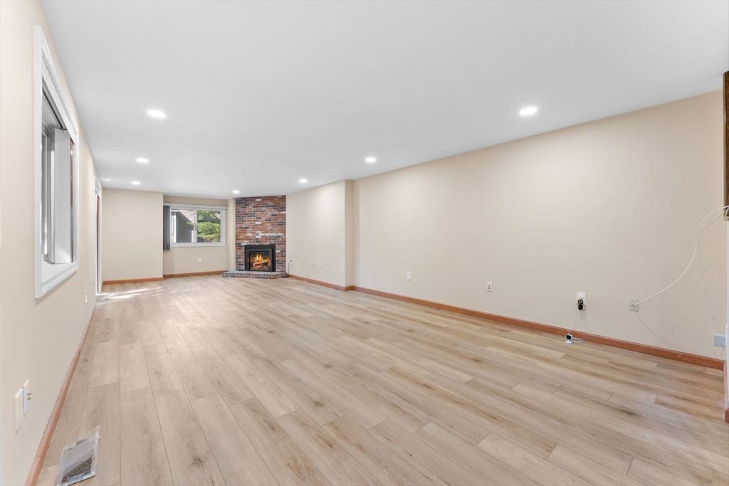 Empty room, Fireplace, Interior, Recessed Lighting, Wood Texture Flooring