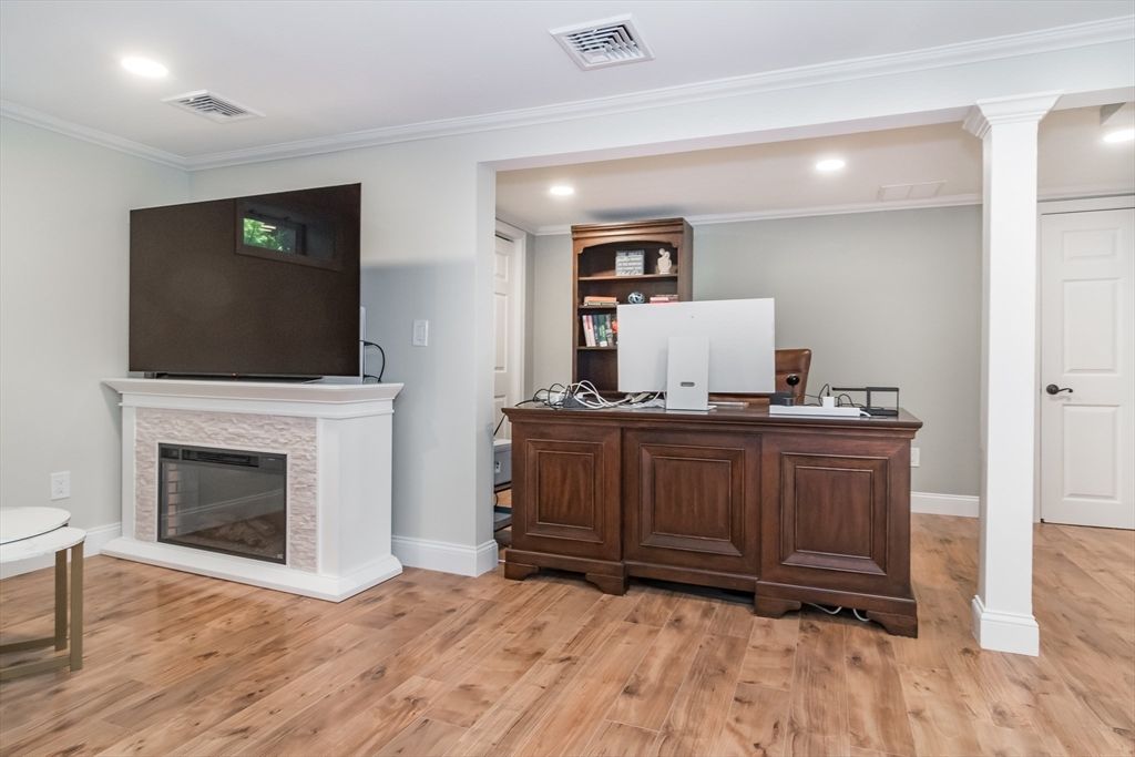 Fireplace, Home Office, Interior, Recessed Lighting, Wood Texture Flooring