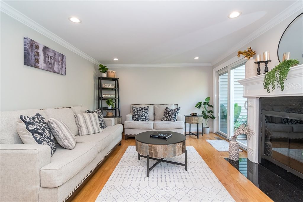 Fireplace, Interior, Living room, Recessed Lighting, Wood Texture Flooring