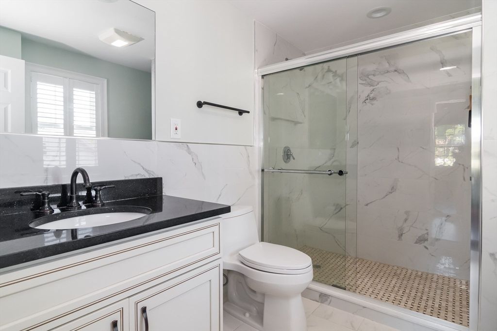 Bathroom, Glass Shower, Interior, Marble, Marble Walls, Recessed Lighting