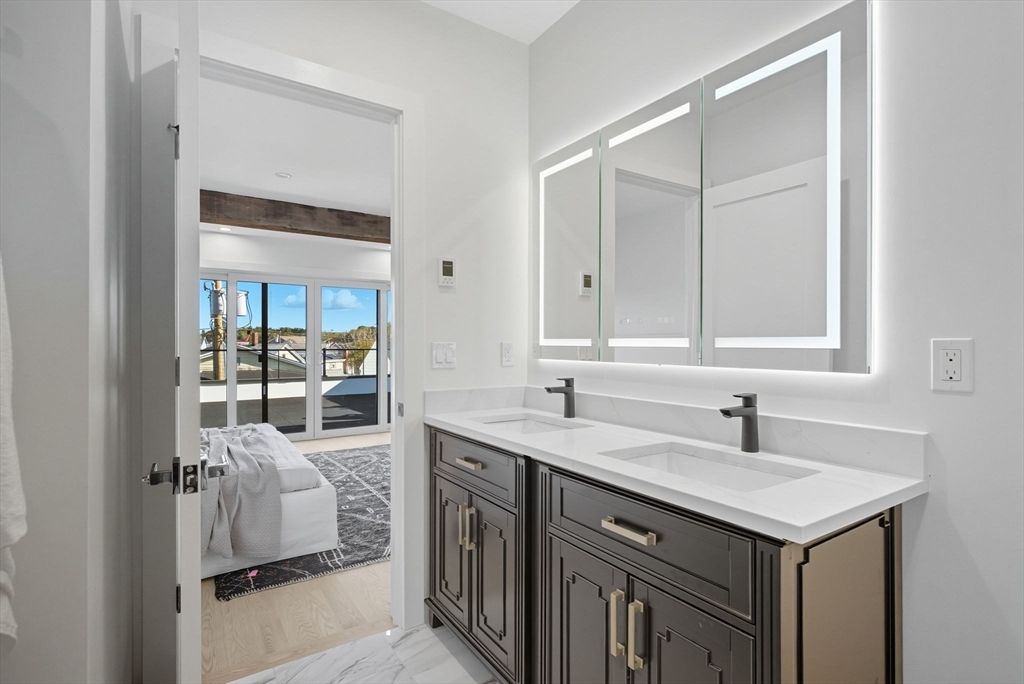 Bathroom, Bedroom, Dual Sink Vanities, Interior, Marble, Water, Wood Texture Flooring