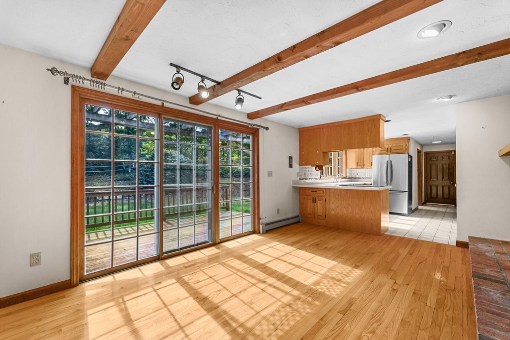Empty room, Interior, Kitchen, Recessed Lighting, Wooden Beams, Wood Texture Flooring