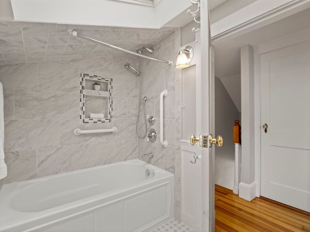 Bathroom, Interior, Marble Walls, Wood Texture Flooring