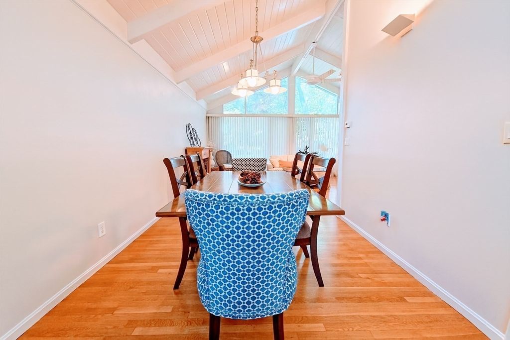 Dining room, Interior, Pendant Lights, Wood Texture Flooring