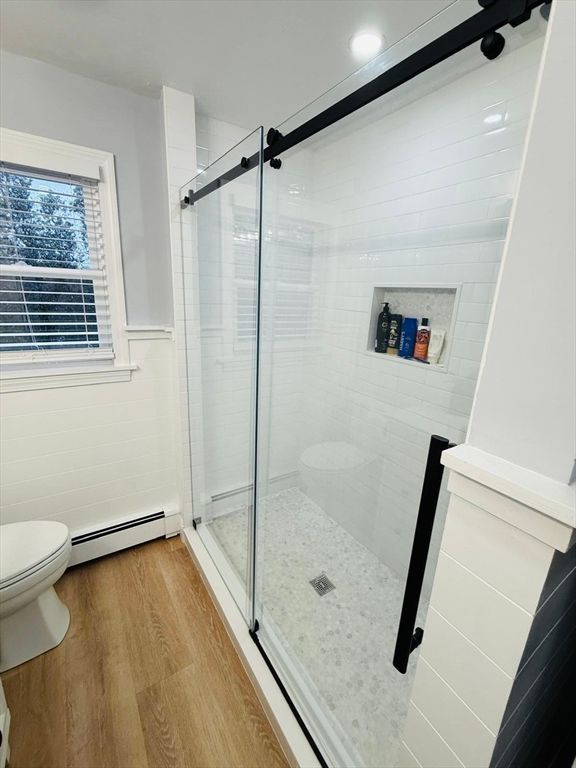 Bathroom, Glass Shower, Interior, Recessed Lighting, Wood Texture Flooring