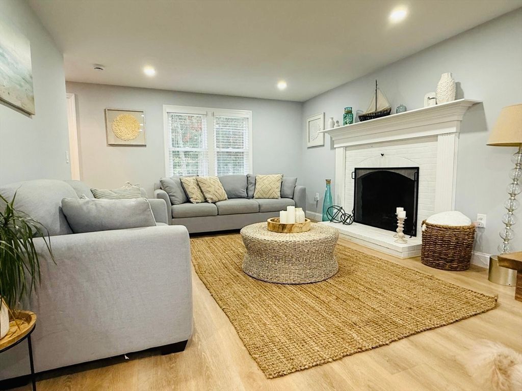 Fireplace, Interior, Living room, Recessed Lighting, Wood Texture Flooring