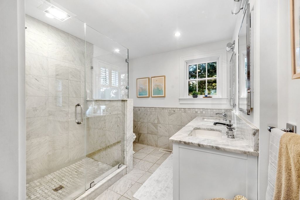 Bathroom, Glass Shower, Interior, Marble, Marble Walls, Recessed Lighting