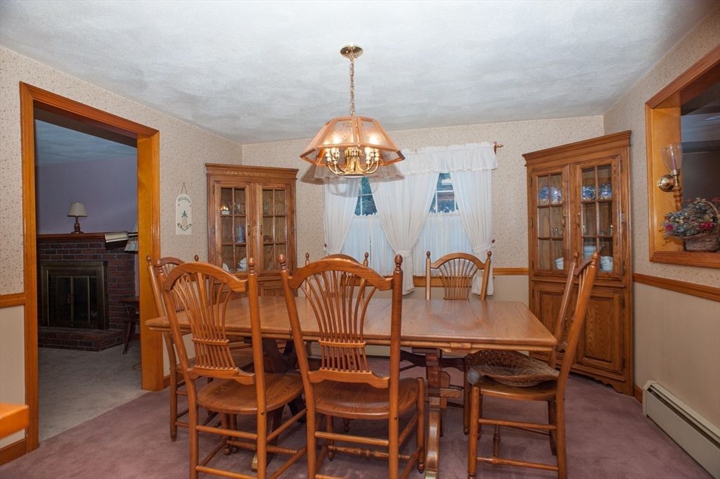 Dining room, Fireplace, Interior, Pendant Lights