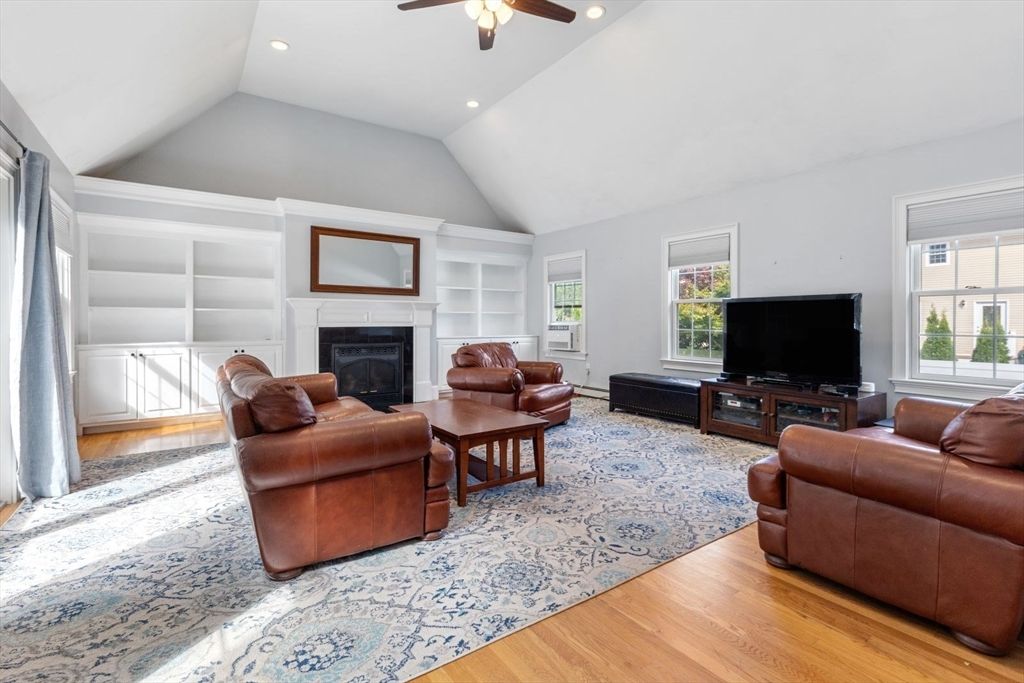 Fireplace, Interior, Living room, Recessed Lighting, Wood Texture Flooring