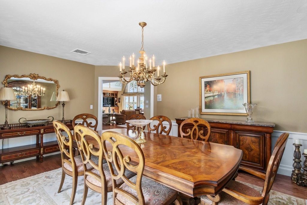 Chandelier, Dining room, Interior, Wood Texture Flooring