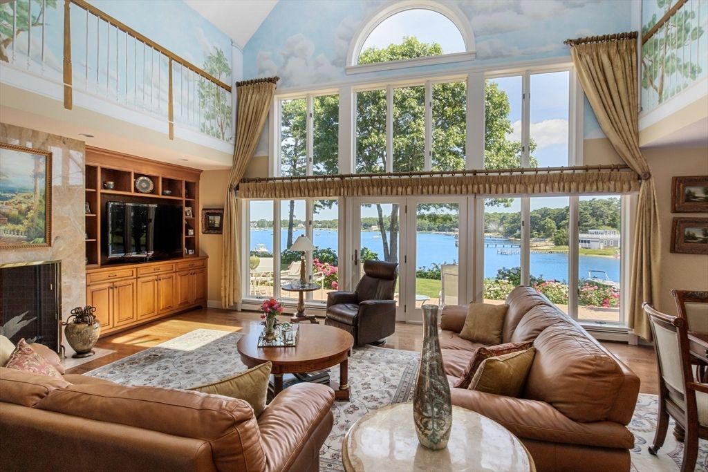 Fireplace, Interior, Living room, Sun Room, Water, Wood Texture Flooring