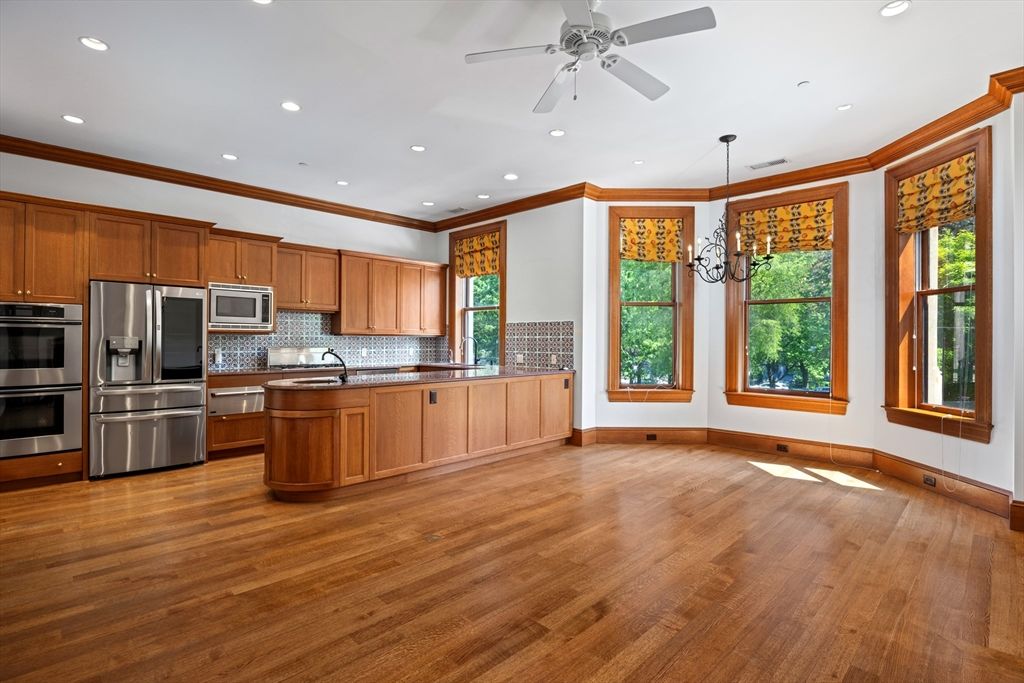 Interior, Kitchen, Pendant Lights, Recessed Lighting, Stainless Steel Appliances, Wood Texture Flooring