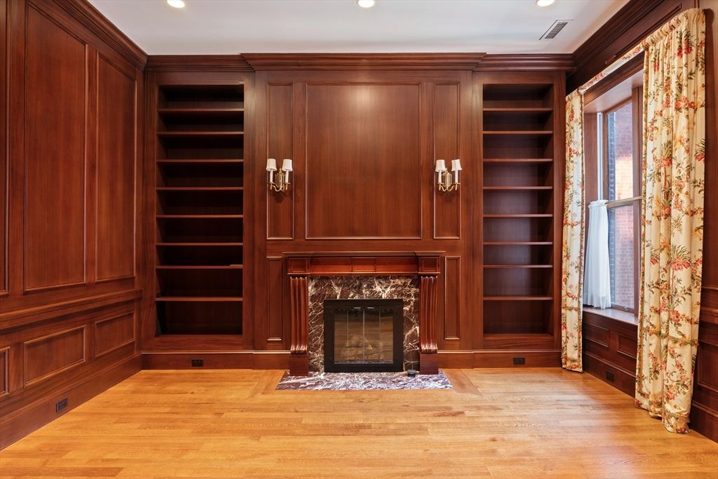 Fireplace, Interior, Recessed Lighting, Wood Texture Flooring, Wooden Walls