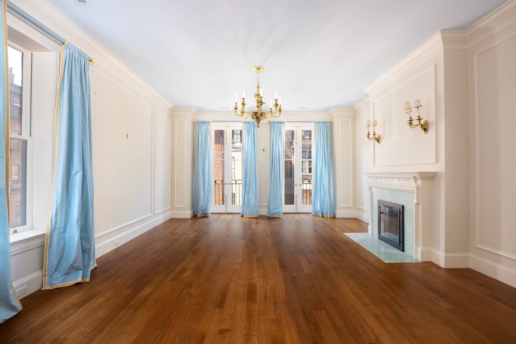 Chandelier, Empty room, Fireplace, Interior, Wood Texture Flooring