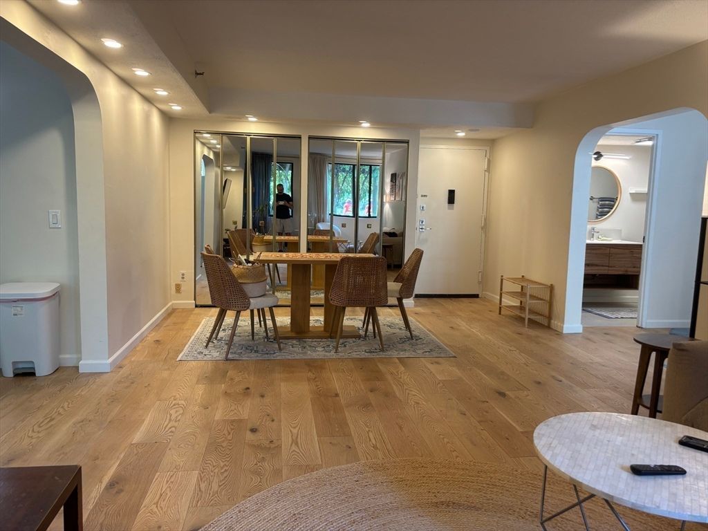 Dining room, Interior, Recessed Lighting, Wood Texture Flooring