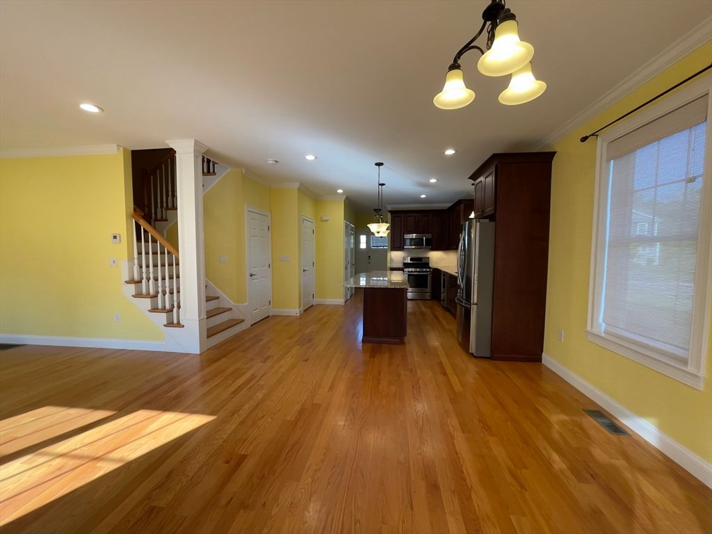 Interior, Kitchen, Pendant Lights, Recessed Lighting, Stainless Steel Appliances, Wood Texture Flooring