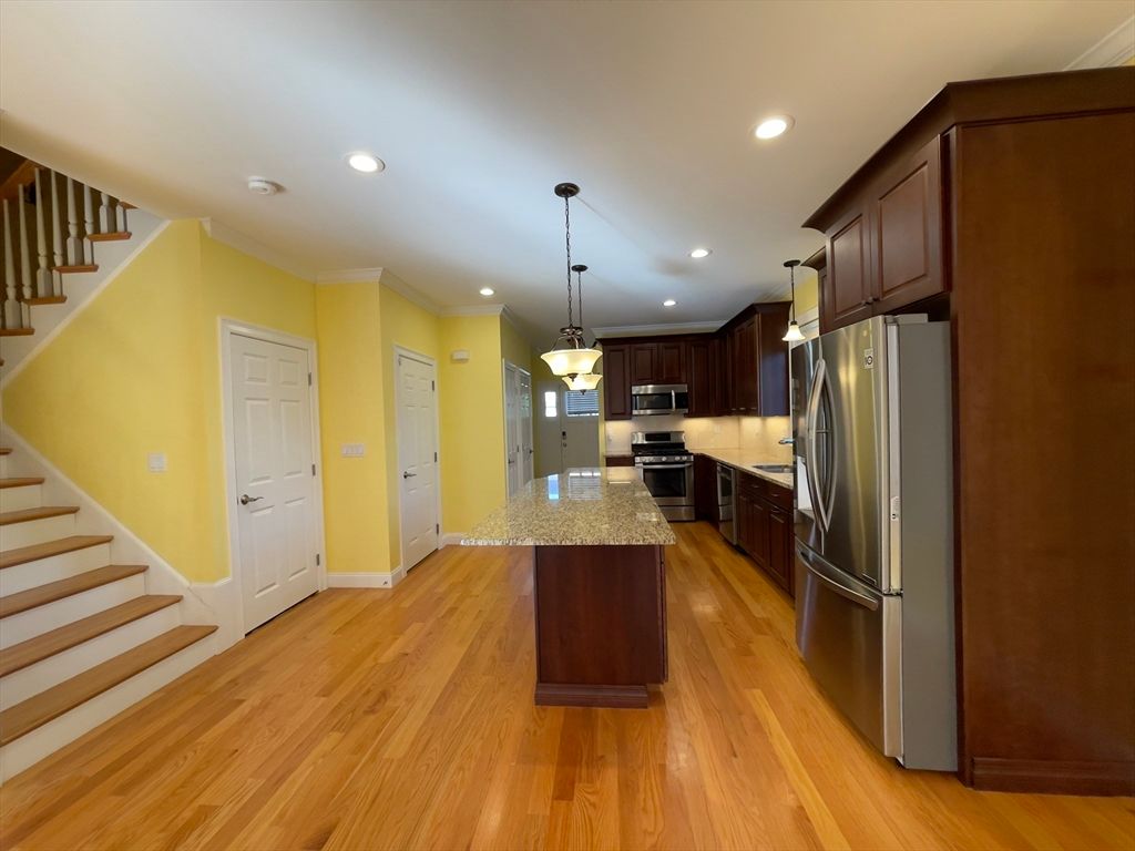 Interior, Kitchen, Pendant Lights, Recessed Lighting, Stainless Steel Appliances, Wood Texture Flooring
