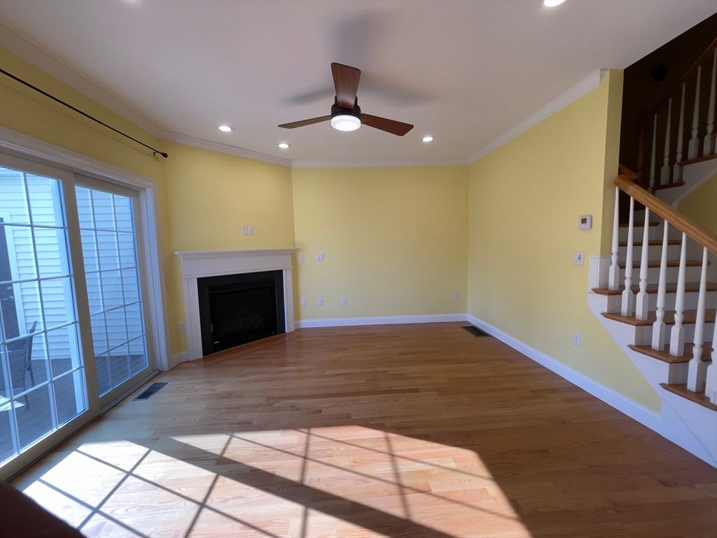 Empty room, Fireplace, Interior, Recessed Lighting, Wood Texture Flooring