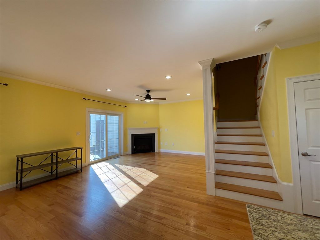Empty room, Fireplace, Interior, Recessed Lighting, Wood Texture Flooring