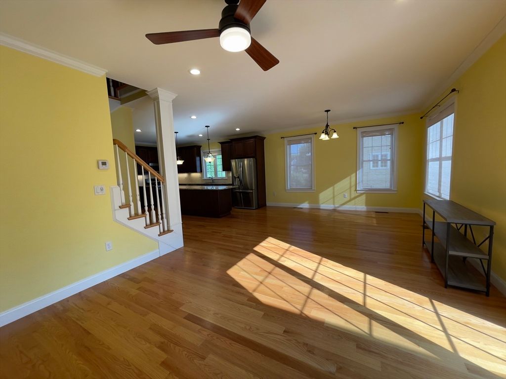 Empty room, Interior, Kitchen, Pendant Lights, Recessed Lighting, Wood Texture Flooring
