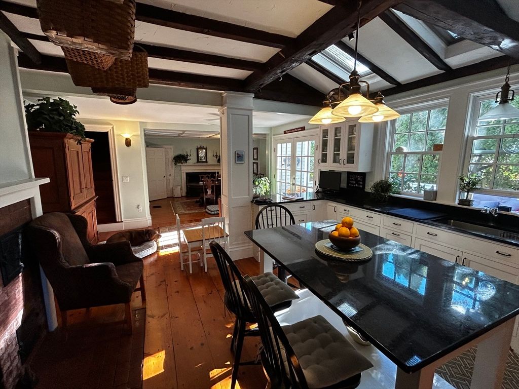Dining room, Fireplace, Interior, Kitchen, Pendant Lights, Wooden Beams, Wood Texture Flooring